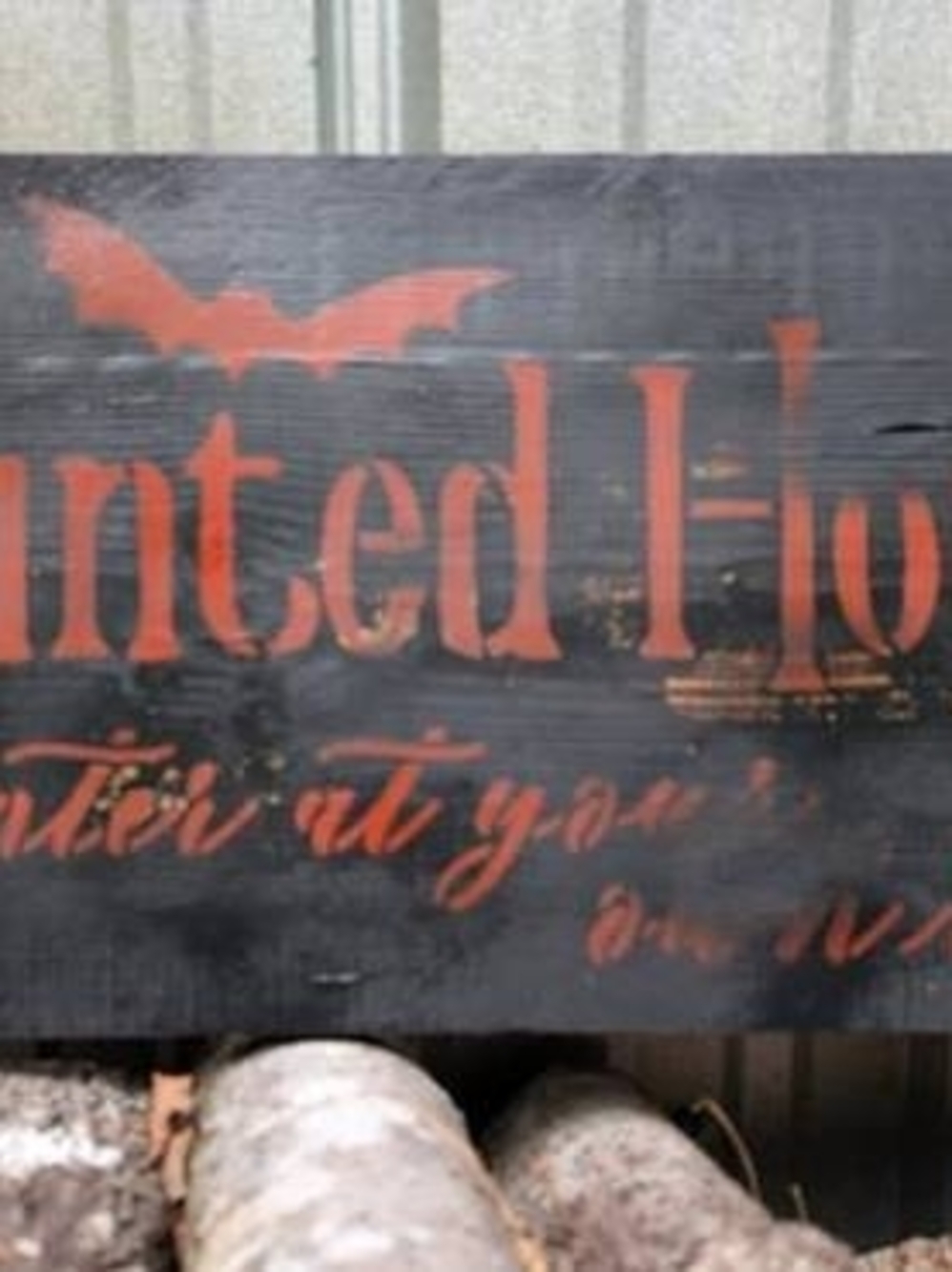 Haunted House Rustic Wall Sign - Black and Red Halloween Decor